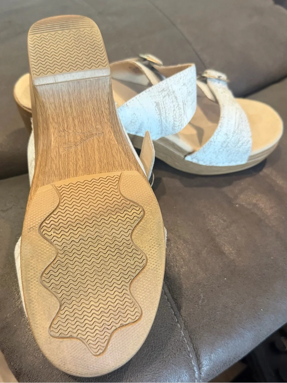 Dansko White Metallic Double Buckle Slide Sandals